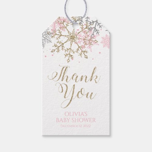 Winter Pink Gold Snowflake Baby Shower Favor Tags