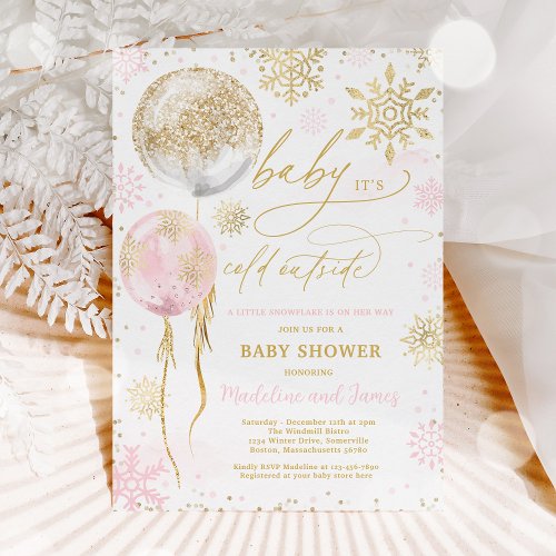 Winter Pink  Gold Snowflake Baby Shower Invitation