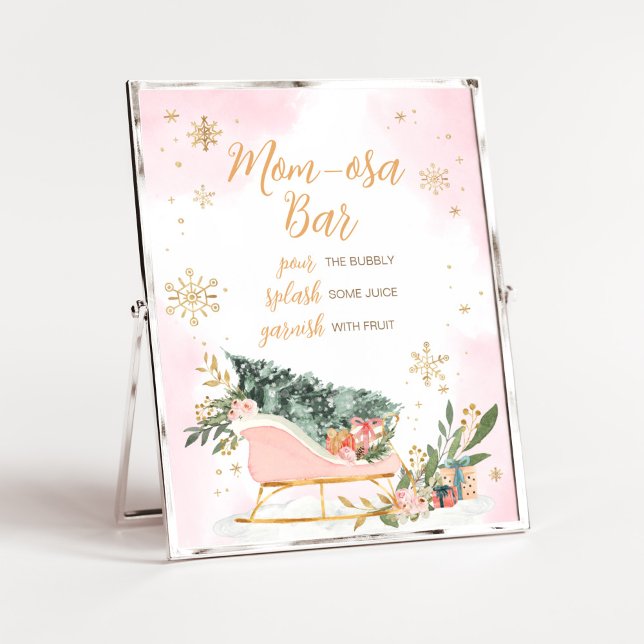 Winter Pink Gold Snowflake Mom Osa Bar Poster (Pink Sleigh Baby Shower Mom Osa Bar Sign)