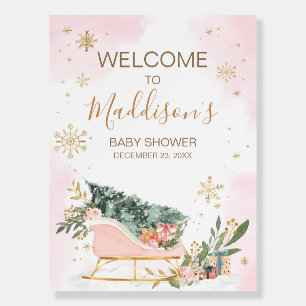 Winter Pink Gold Snowflake Welcome Sign