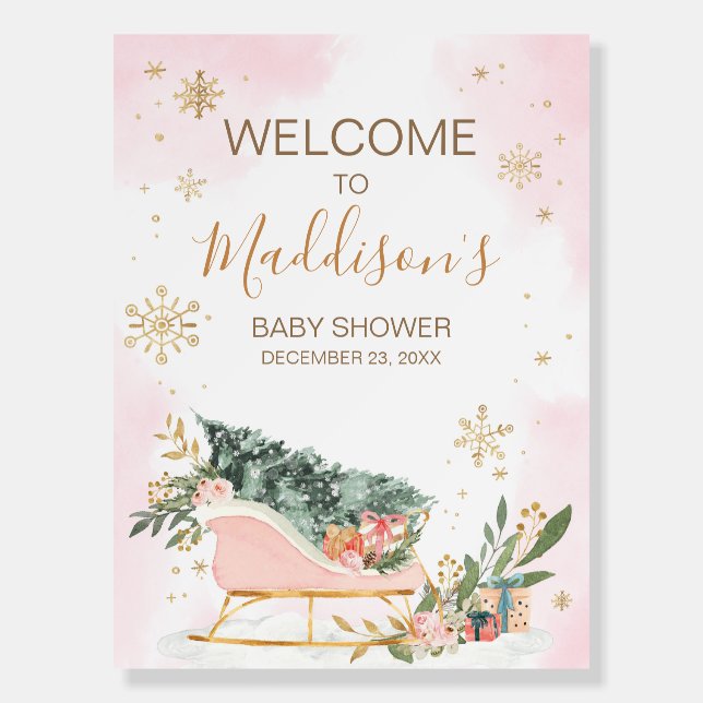 Winter Pink Gold Snowflake Welcome Sign (Front)