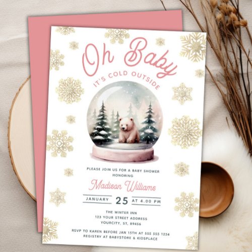 Winter Pink Its Cold Outside Forest Baby Shower  Invitation