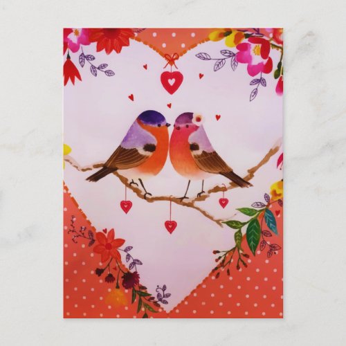 Winter Pink Love Birds Floral Polka Dots Holiday Postcard