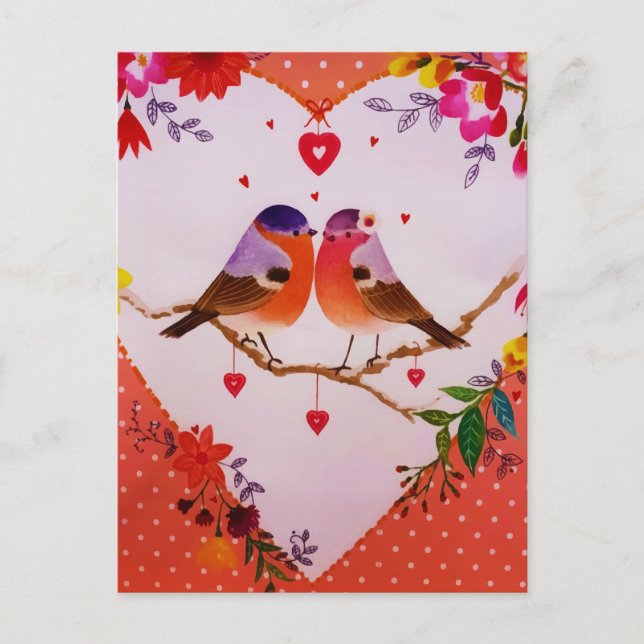 Winter Pink Love Birds Floral Polka Dots Postcard (Front)