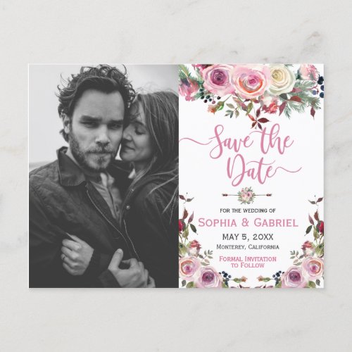 Winter Pink Mauve Rose Floral Save the Date Photo Announcement Postcard