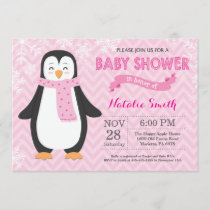Winter Pink Penguin Girl Baby Shower Invitation