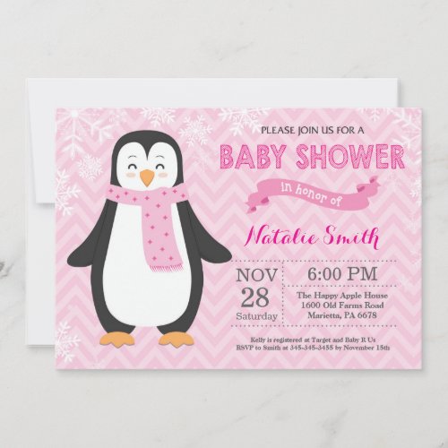 Winter Pink Penguin Girl Baby Shower Invitation