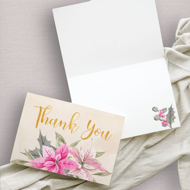 Winter Pink Poinsettia Gold Calligraphy  Thank You Card (Pink and gold poinsettia thank you card)