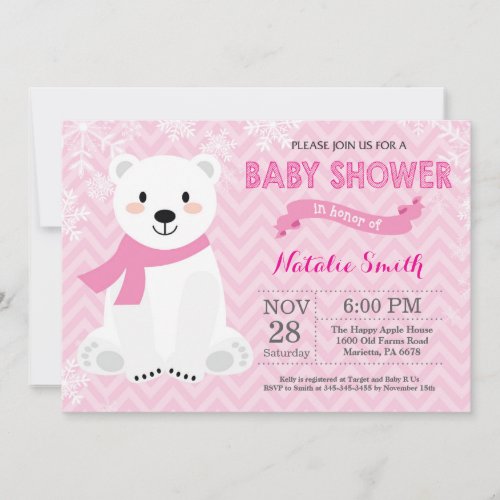 Winter Pink Polar Bear Girl Baby Shower Invitation