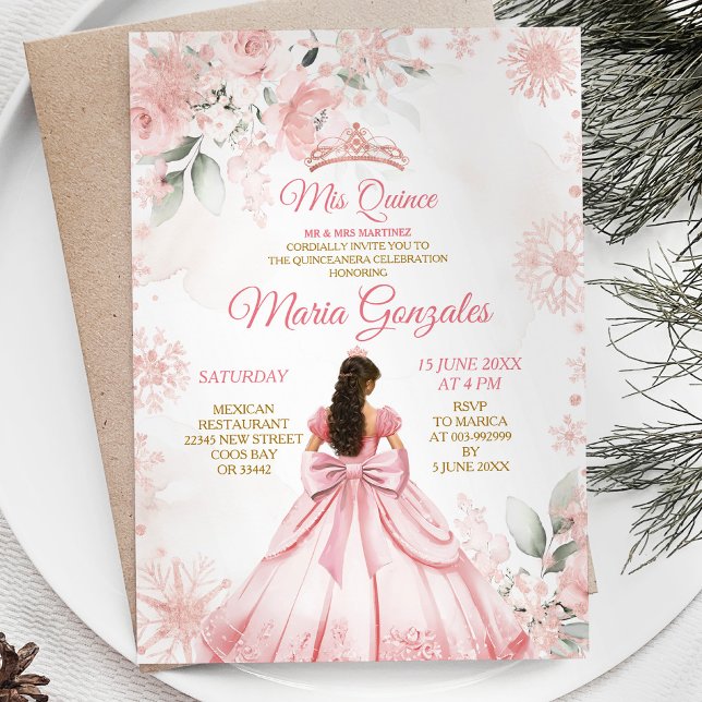 Winter Pink Rose Gold Floral Princess Mis Quince Invitation (Creator Uploaded)