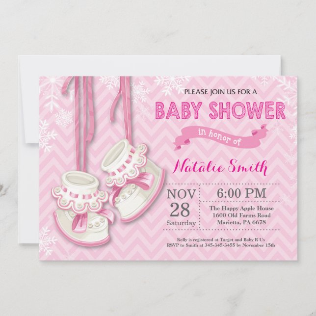 Winter Pink Shoes Girl Baby Shower Invitation (Front)