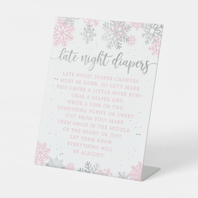 Winter Pink Silver Late Night Diapers Baby Shower Pedestal Sign (Front)