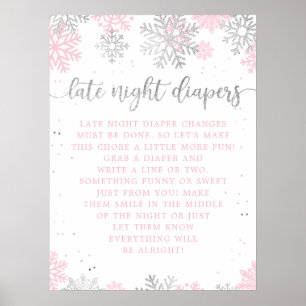 Winter Pink Silver Late Night Diapers Baby Shower Poster