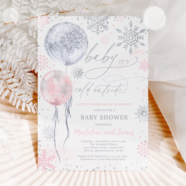 Winter Pink Silver Snowflake Baby Shower Invitation (Creator Uploaded)
