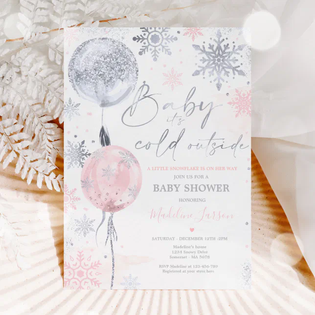 Winter Pink Silver Snowflake Baby Shower Invitation | Zazzle