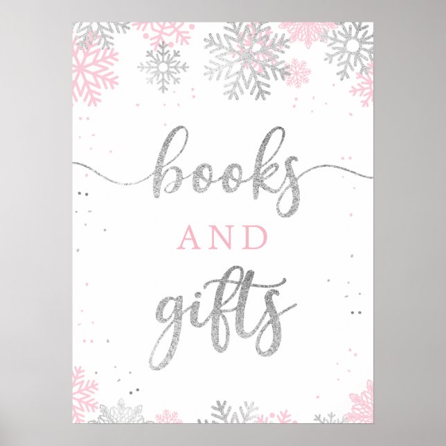 Winter Pink Silver Snowflakes Book And Gifts Sign (Front)