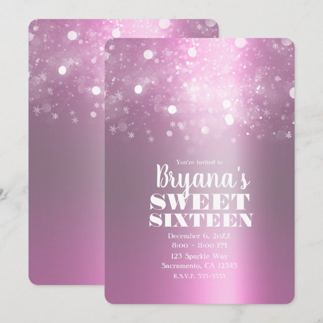 Winter Pink Silver Sparkling Lights Sweet 16 Party Invitation (Front/Back)