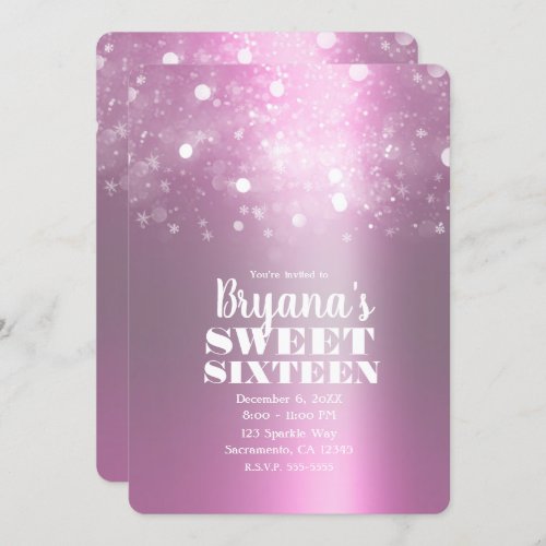 Winter Pink Silver Sparkling Lights Sweet 16 Party Invitation