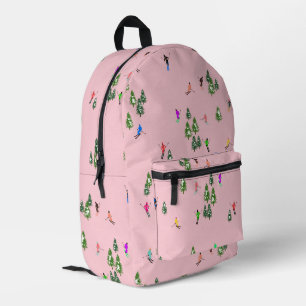 Winter Pink Skiers Ski Skiing Printed Backpack