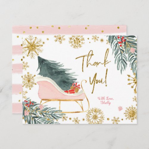 Winter Pink Sleigh Girl Birthday Thank You Card