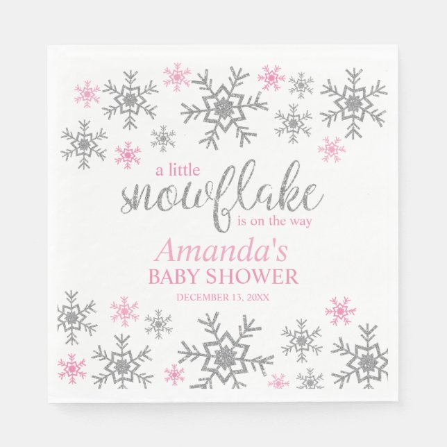 Winter Pink Snowflake Baby Shower Napkins (Front)