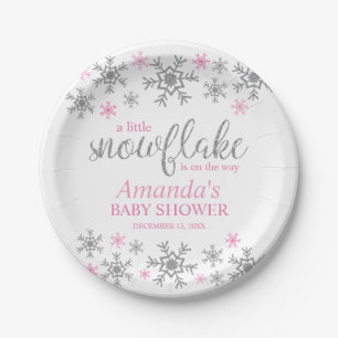 Winter Pink Snowflake Baby Shower Paper Plates