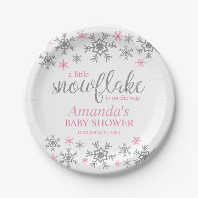 Winter Pink Snowflake Baby Shower Paper Plates (Front)