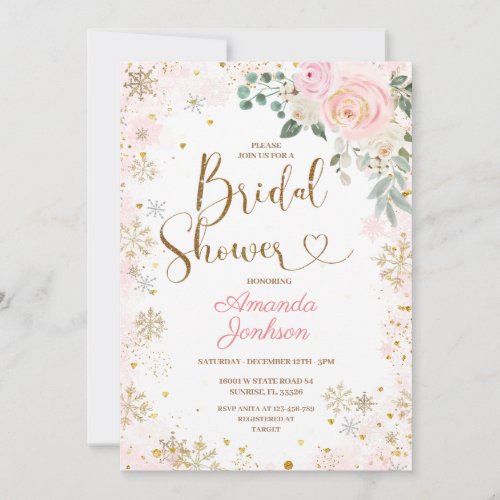 Winter Pink Snowflake Floral Bridal Shower  Invitation