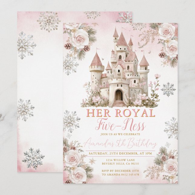 Winter Pink Snowflake Her royal fiveness Birthday Invitation (Front/Back)