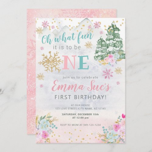 Winter Pink Snowflake Oh What fun First Birthday I Invitation