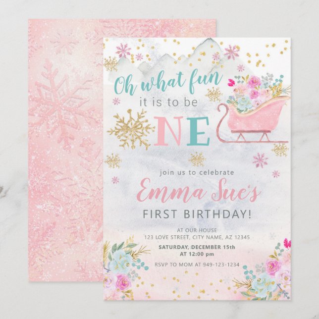 Winter Pink Snowflake Oh What fun First Birthday Invitation (Front/Back)