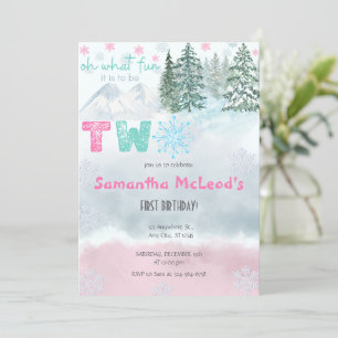 Winter Pink Snowflake Oh What fun Second Birthday Invitation