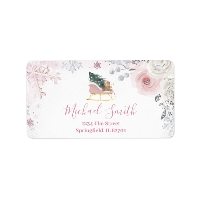 Winter Pink Snowflake Sleigh Baby Shower Address Label (Front)
