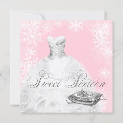 Winter Pink Snowflake Sweet Sixteen Party Custom Announcement