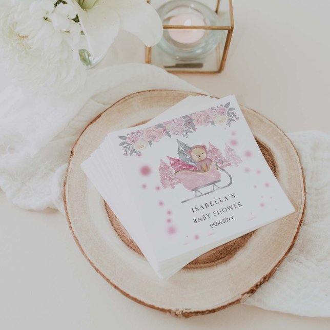 Winter Pink Teddy Bear Sleigh Girl Baby Shower Napkins (Creator Uploaded)