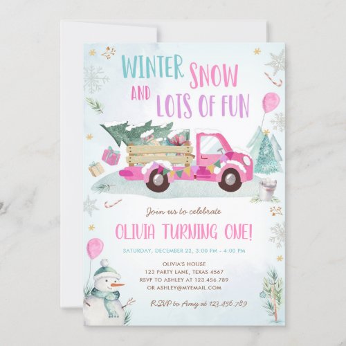 Winter Pink Truck Snow Fun Girl First Birthday Invitation
