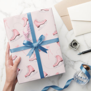 Winter pink watercolor ice skates shoes pattern wrapping paper