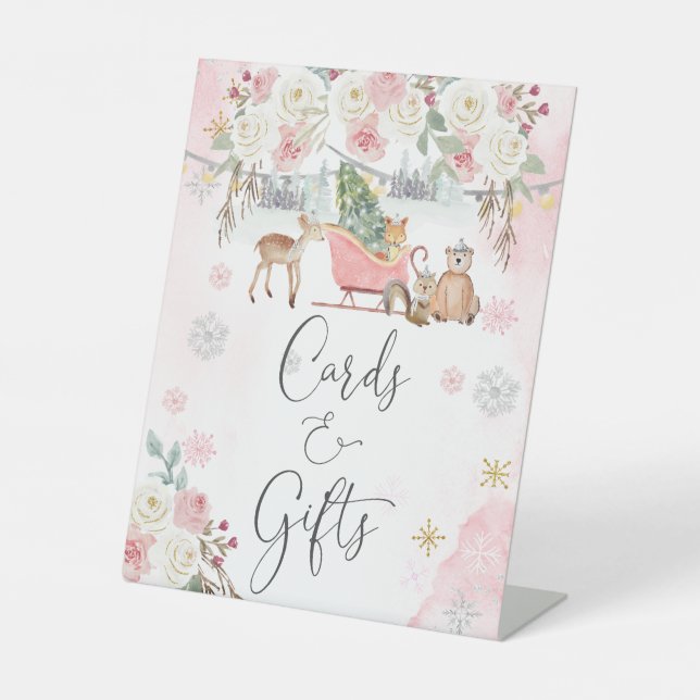 Winter Pink Woodland Animals Cards And Gifts Pedestal Sign (Front)