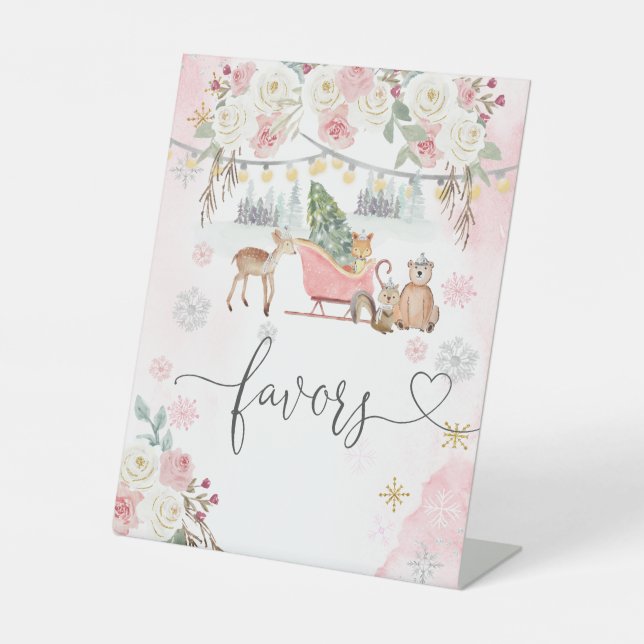 Winter Pink Woodland Animals Favors Pedestal Sign (Front)
