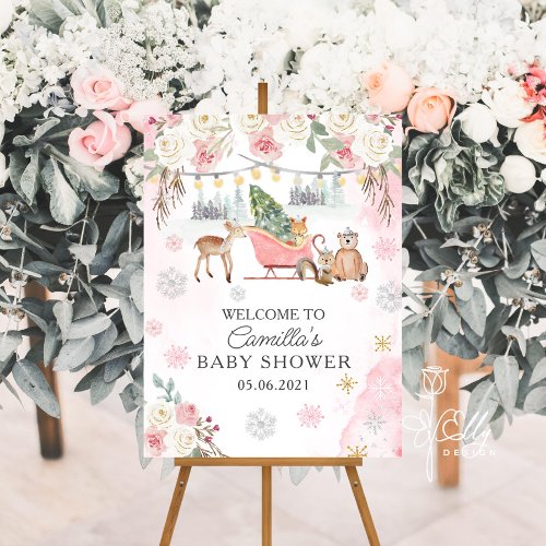 Winter Pink Woodland Animals Girl Baby Shower Foam Board