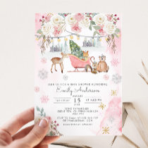 Winter Pink Woodland Animals Girl Baby Shower  Invitation