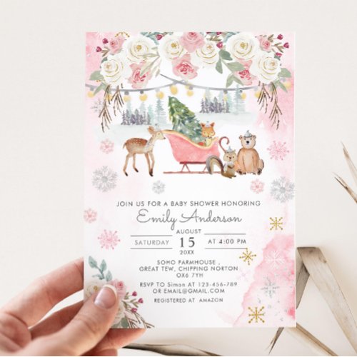 Winter Pink Woodland Animals Girl Baby Shower  Invitation