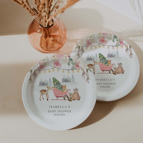 Winter Pink Woodland Animals Girl Baby Shower  Paper Plates