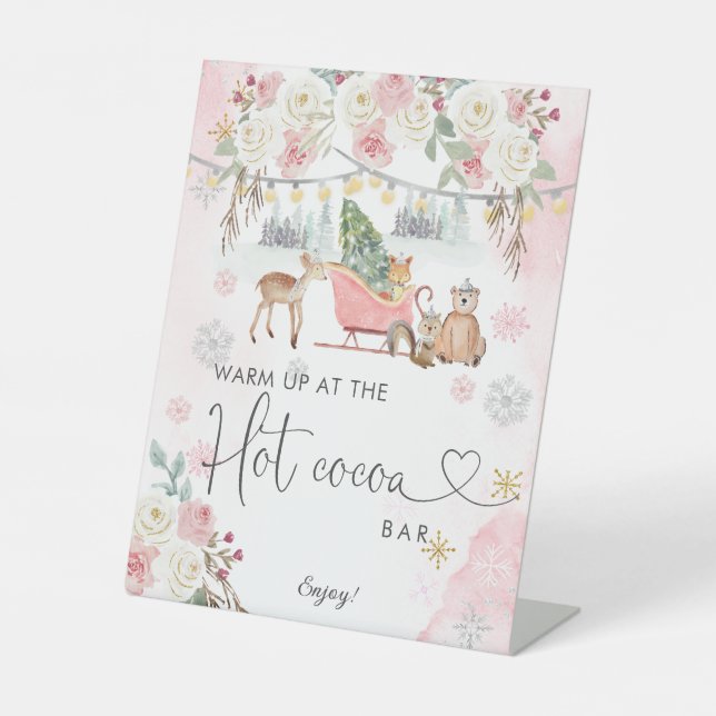 Winter Pink Woodland Animals Hot Cocoa Bar Pedestal Sign (Front)