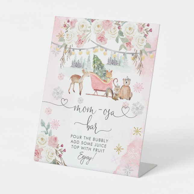 Winter Pink Woodland Animals Mom-osa Bar Pedestal Sign (Front)