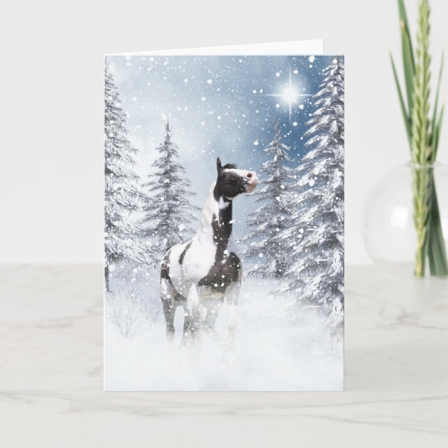 Winter pinto horse holiday card (Front)