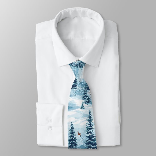 Winter Pixel Forest – Snowy Forest Scene Neck Tie (Tied)
