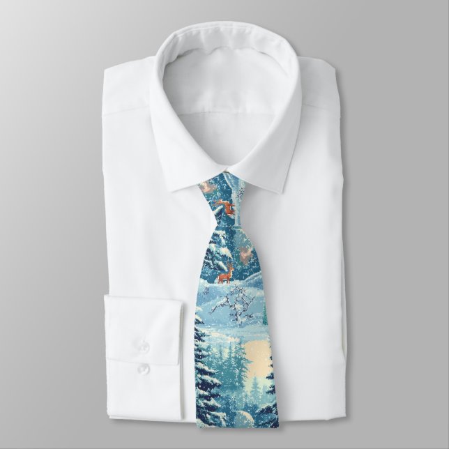 Winter Pixel Forest – Snowy Forest Scene Neck Tie (Tied)