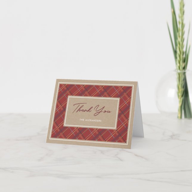 Winter Plaid Holiday Party Thank You Card - Red (Front)