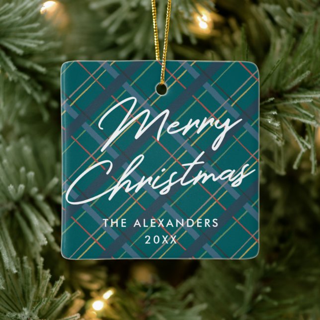 Winter Plaid Merry Christmas Ornament - Green (Tree)